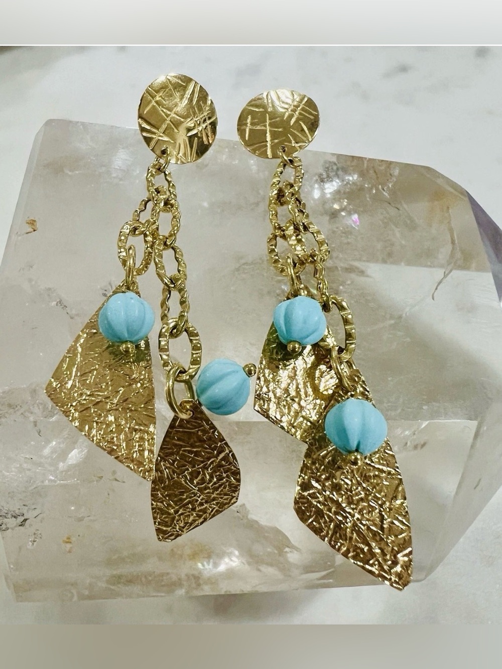 Vintage 18K / 750 solid Gold Turquoise Statement Dangle Earrings 7g– 2” approx
